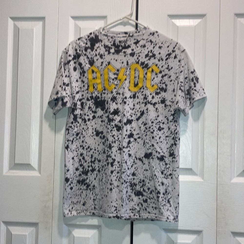 AC DC Music Paint Splatter T-Shirt Men Small Short Sleeve Tie Dye White Gray